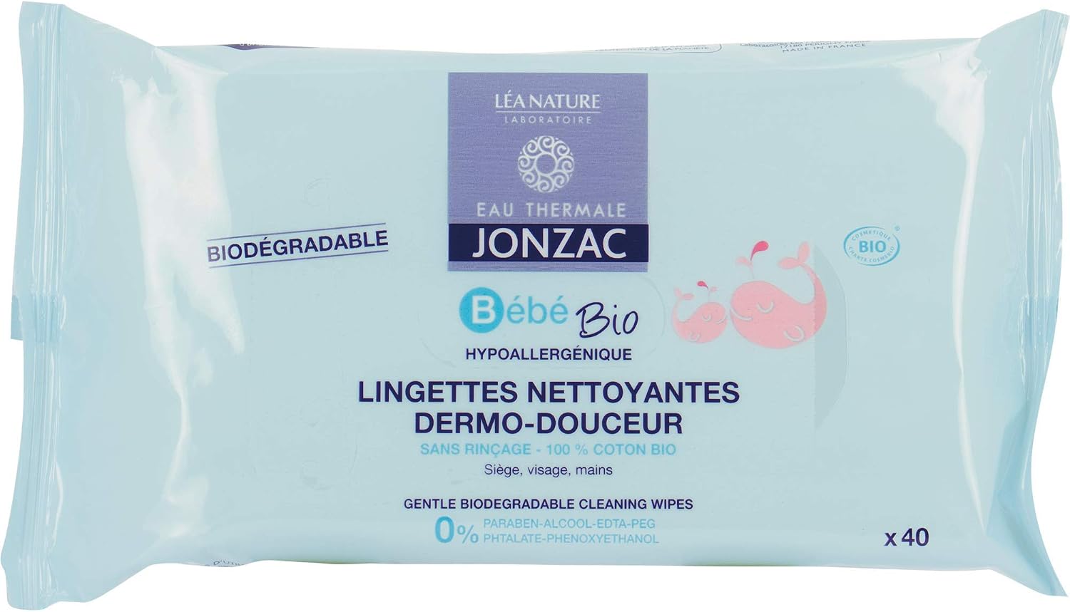 EAU THERMALE JONZAC Organic Dermo-Douceur Cleansing Wipes, No Colour, 40 count (Pack of 1)