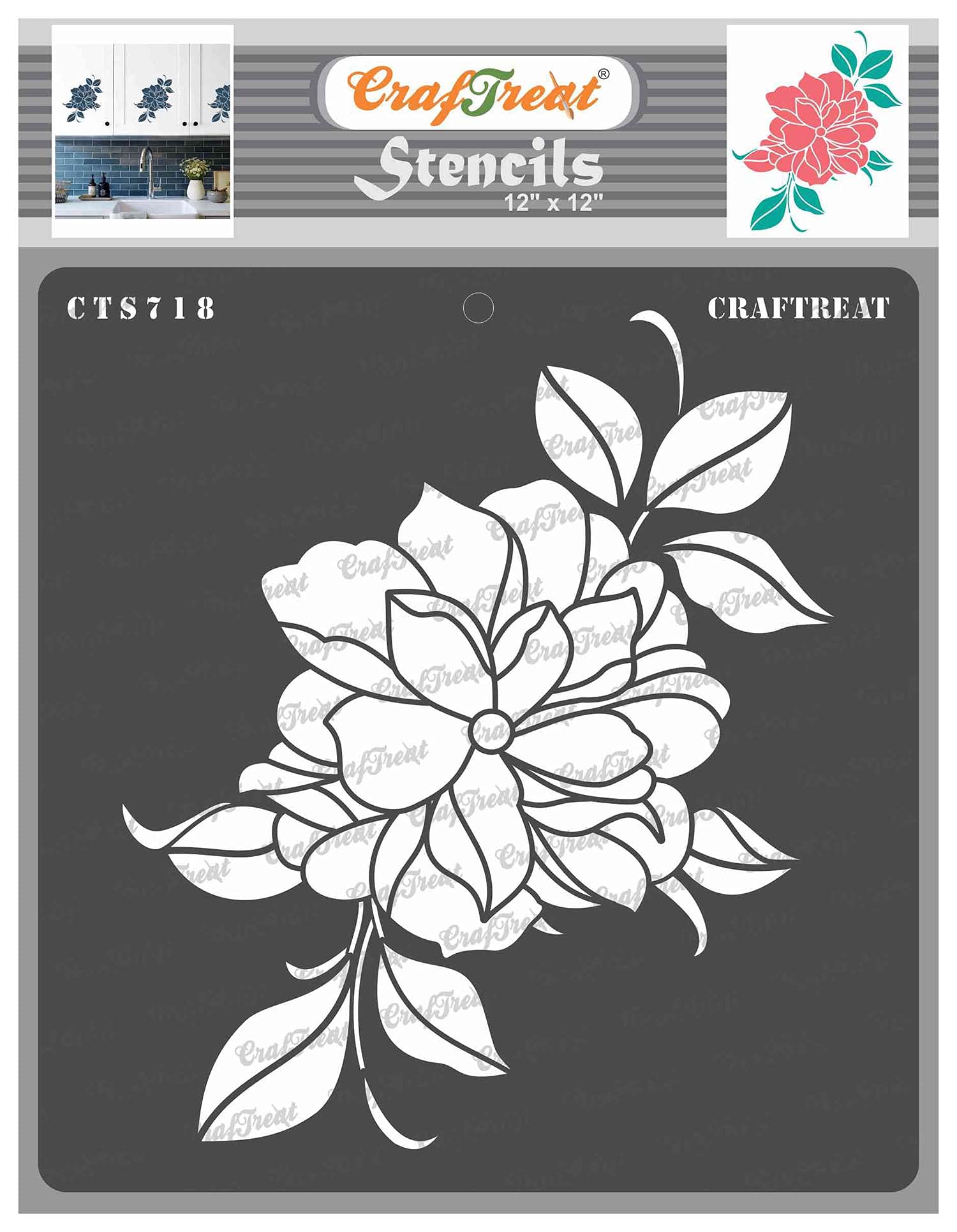 CrafTreat Reusable Peony Stencils for Painting on Wood - Peony Blossom -12X12 Inch - Floral Stencils for Painting on Wood - Flower Stencils for Painting on Canvas - Peony Stencil