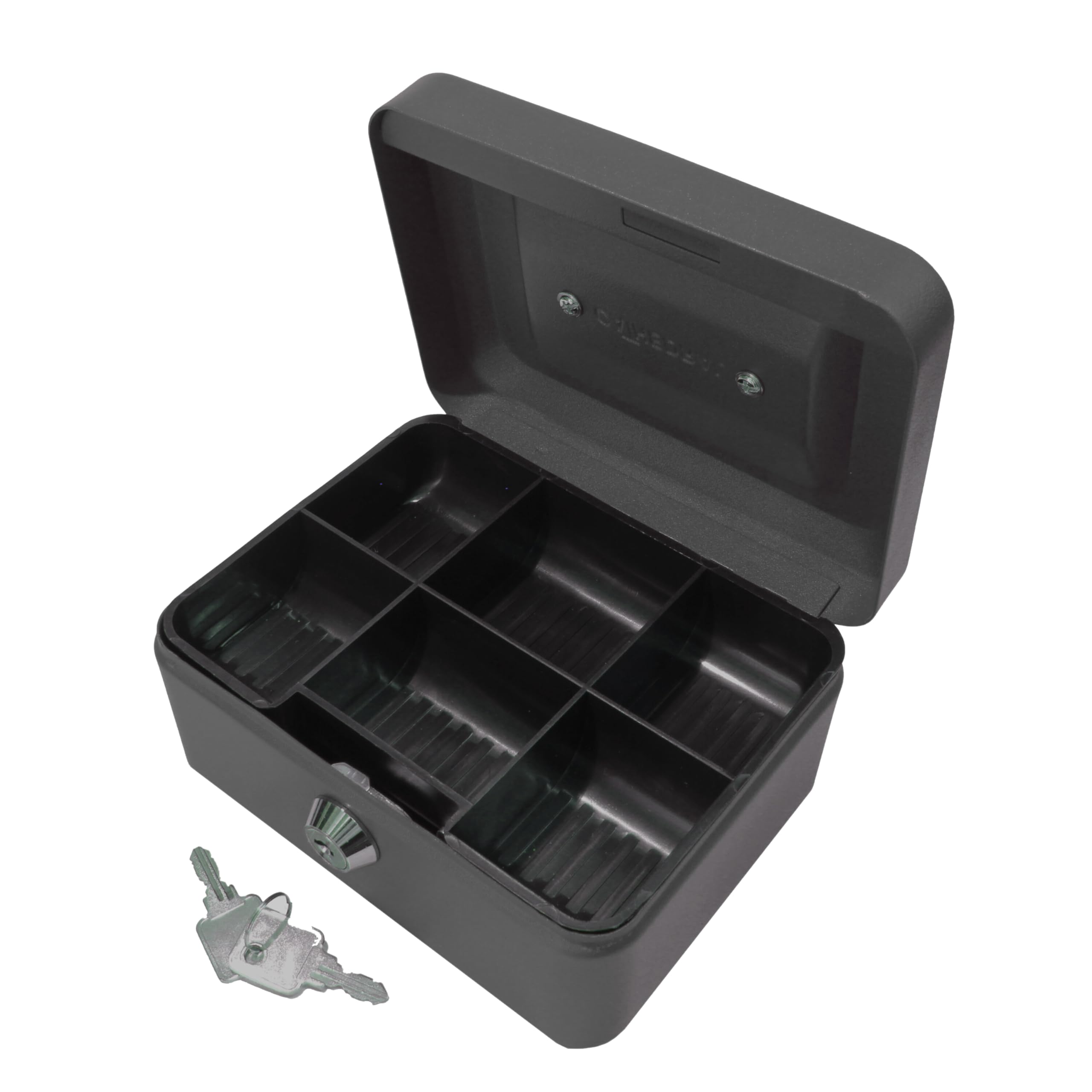 Cathedral Products Key Lockable Cash Box with Lift Out 6 Compartment Coin Tray - 6 Inch - Black