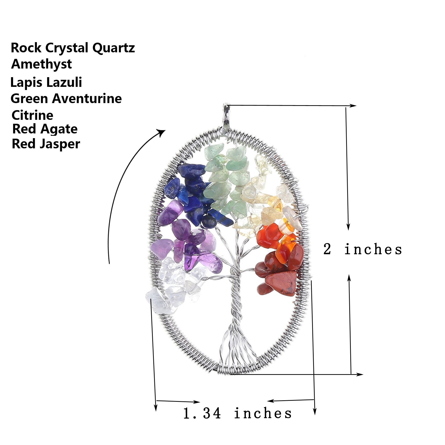 Top Plaza Tree of Life Silvery Plate Oval Wire Wrapped Crystal Chip Gemstone 7 Chakra Healing Balance Reiki Pendant Necklace For Jewelry Making