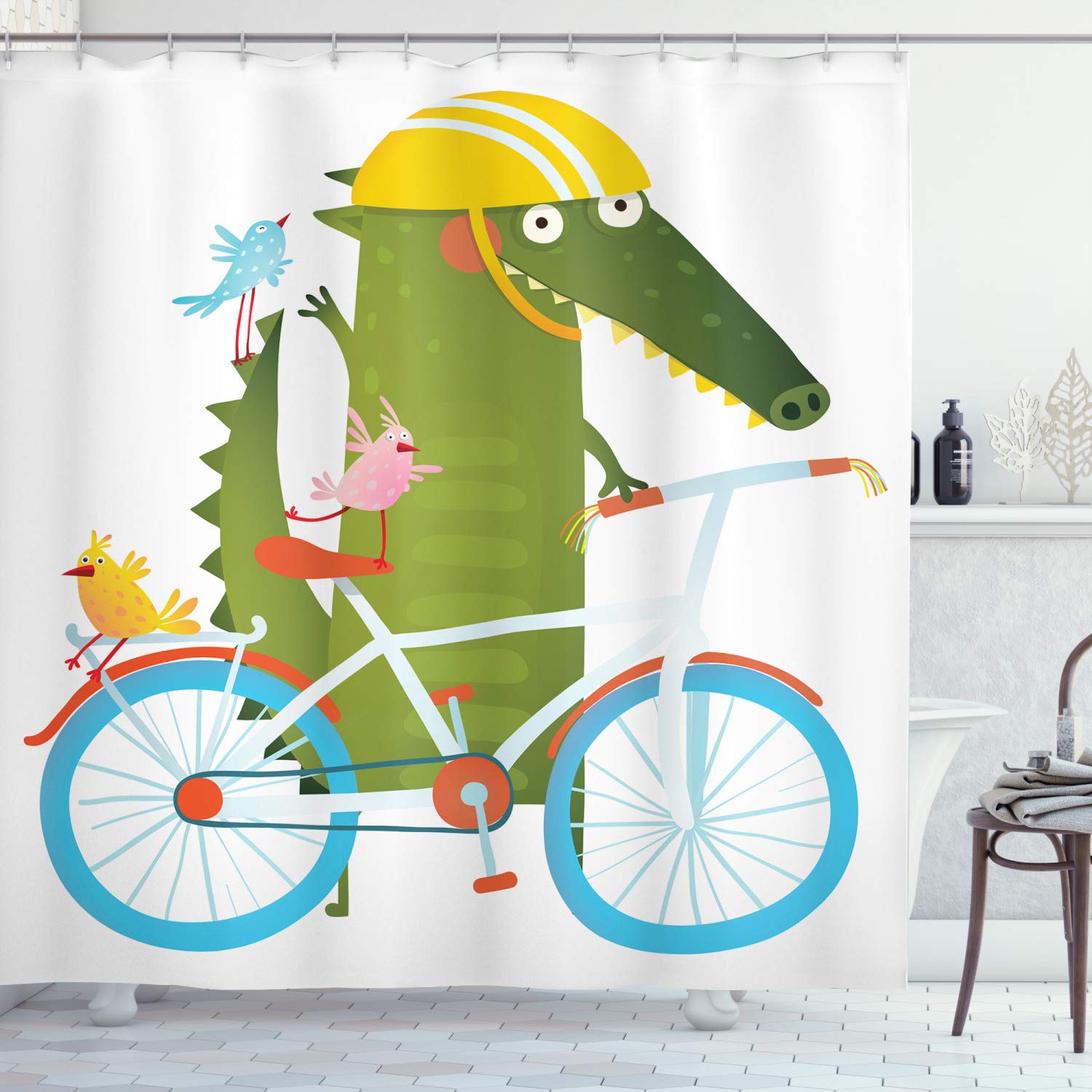 ABAKUHAUS Funny Shower Curtain, Green Crocodile Yellow Hat Going for a Bike Ride with Friends Cartoon Kids Nursery, Cloth Fabric Bathroom Decor Set with Hooks, 86 Inches Extra Long, Multicolor