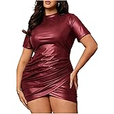 SOLY HUX Women's Plus Size Bodycon Mini Dress PU Leather Mock Neck Short Sleeve Ruched Wrap Hem Party Dresses