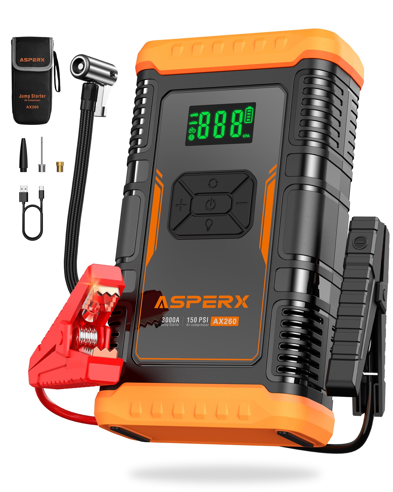 Photo 1 of ASPERX Jump Starter with Air Compressor,?Upgrade & Safety Certs?10L Gas/8L Diesel(Almost All Cars) 12V Jumper Box Car Battery Jumper Starter Portable with Tire Inflator, Jumper Cables, Display & Light