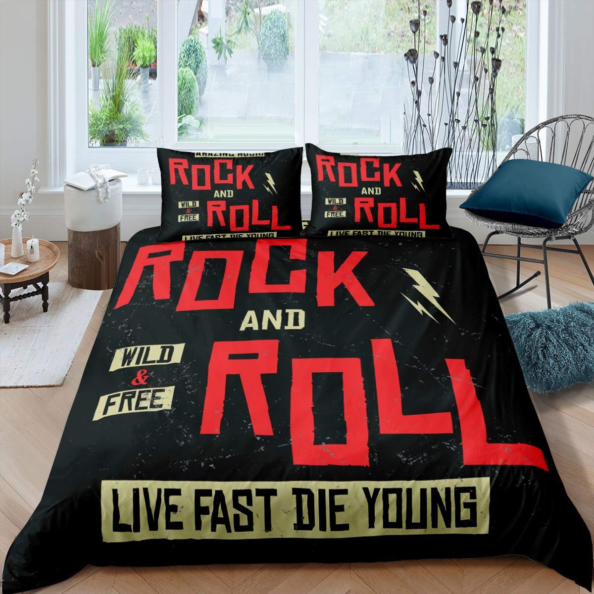 Loussiesd Rock Music Themed Duvet Cover Teens Rock and Roll Style Comforter Cover Musical Pattern Bedding Set For Kids Boys Retro Black Red BedspreadSoft Room Decor Double Size Bedclothes Zipper