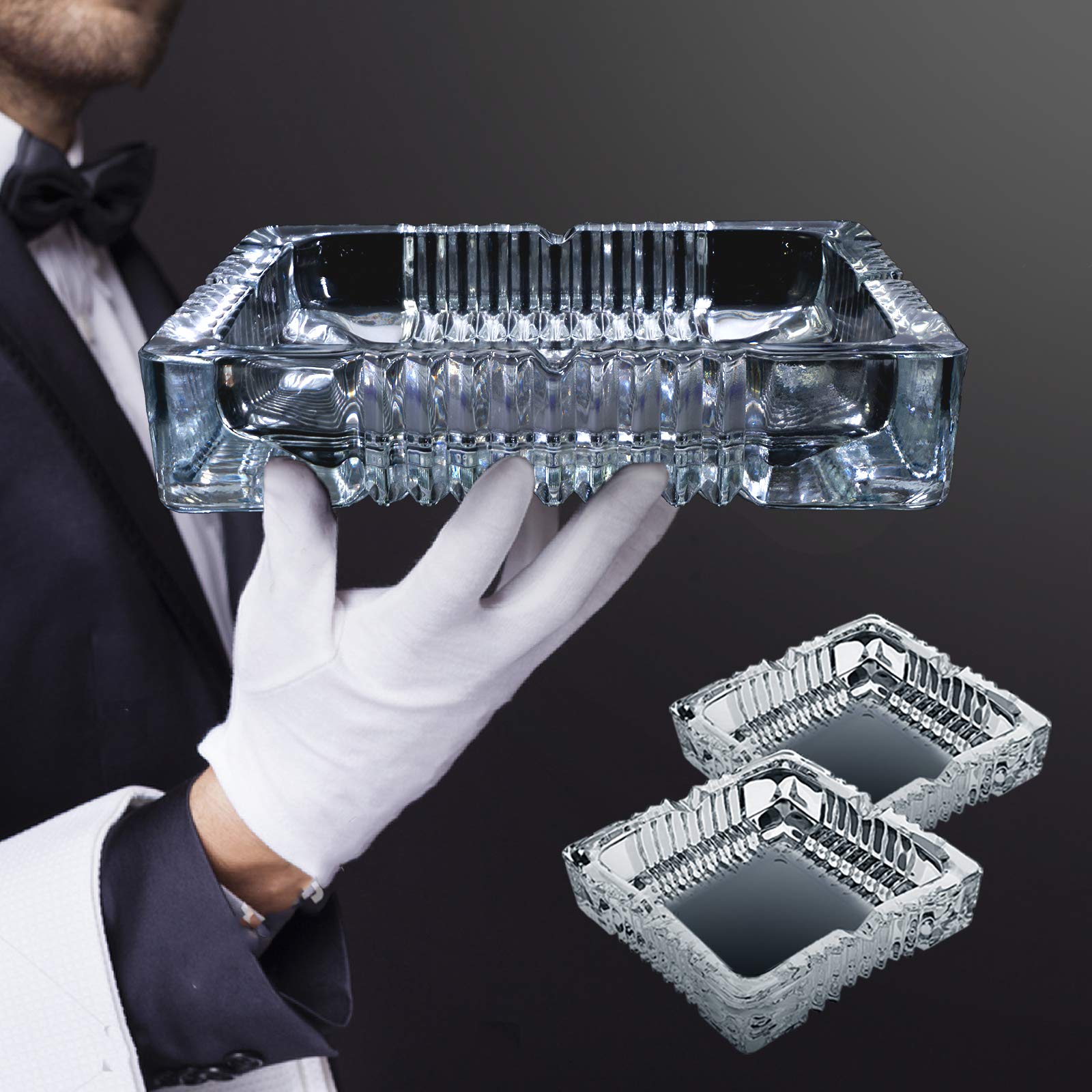 Ashtray 2PCS Large Glass Ashtray for cigarette cigar, Crystal Ash Trays for Outdoor Garden Bar (20.5x20.5CM)