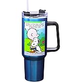Spoontiques Peanuts Stainless Steel Travel Mug, 40oz - Double Wall Insulation, Sturdy Handle, Sliding Lock Travel Lid - Charlie Brown