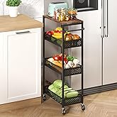 XYZLVSI Slim Storage Cart 4 Tier Fruit and Vegetable Baskets for Kitchen Small Space, Narrow Laundry Cart on Wheels with Wooden Top and Metal Handle for Pantry, Bathroom, Laundry Room