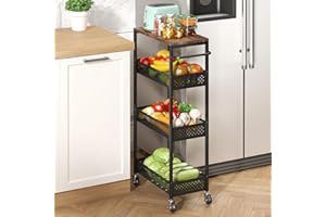 XYZLVSI Slim Storage Cart 4 Tier Fruit and Vegetable Baskets for Kitchen Small Space, Narrow Laundry Cart on Wheels with Wooden Top and Metal Handle for Pantry, Bathroom, Laundry Room