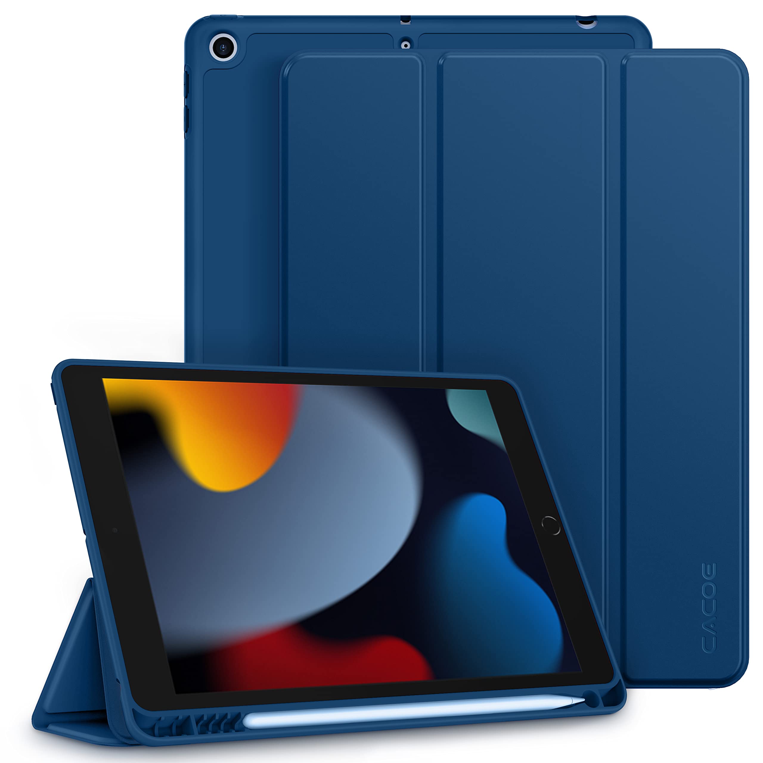 CACOE Case Compatible with iPad 9th/8th/7th Generation (2021/2020/2019), 10.2 Inch Case with Pencil Holder, Soft TPU Back Cover Auto Wake/Sleep, Sea Blue