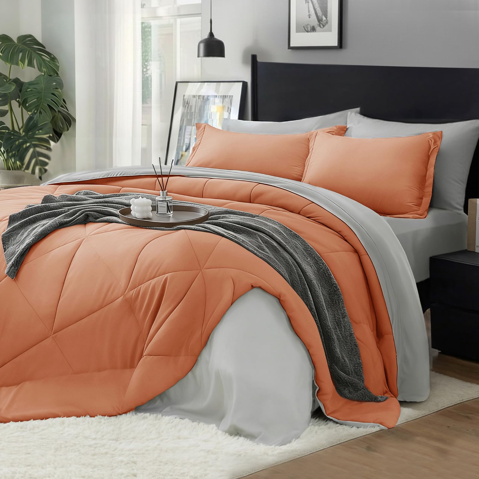 BEDELITE King Size Comforter Set 7 Pieces Bed in A Bag - Soft Microfiber Reversible Burnt Orange Bed Set with Comforters, Sheets, Pillowcases & Shams, Cozy Luxury Bedding Sets for All Season Image
