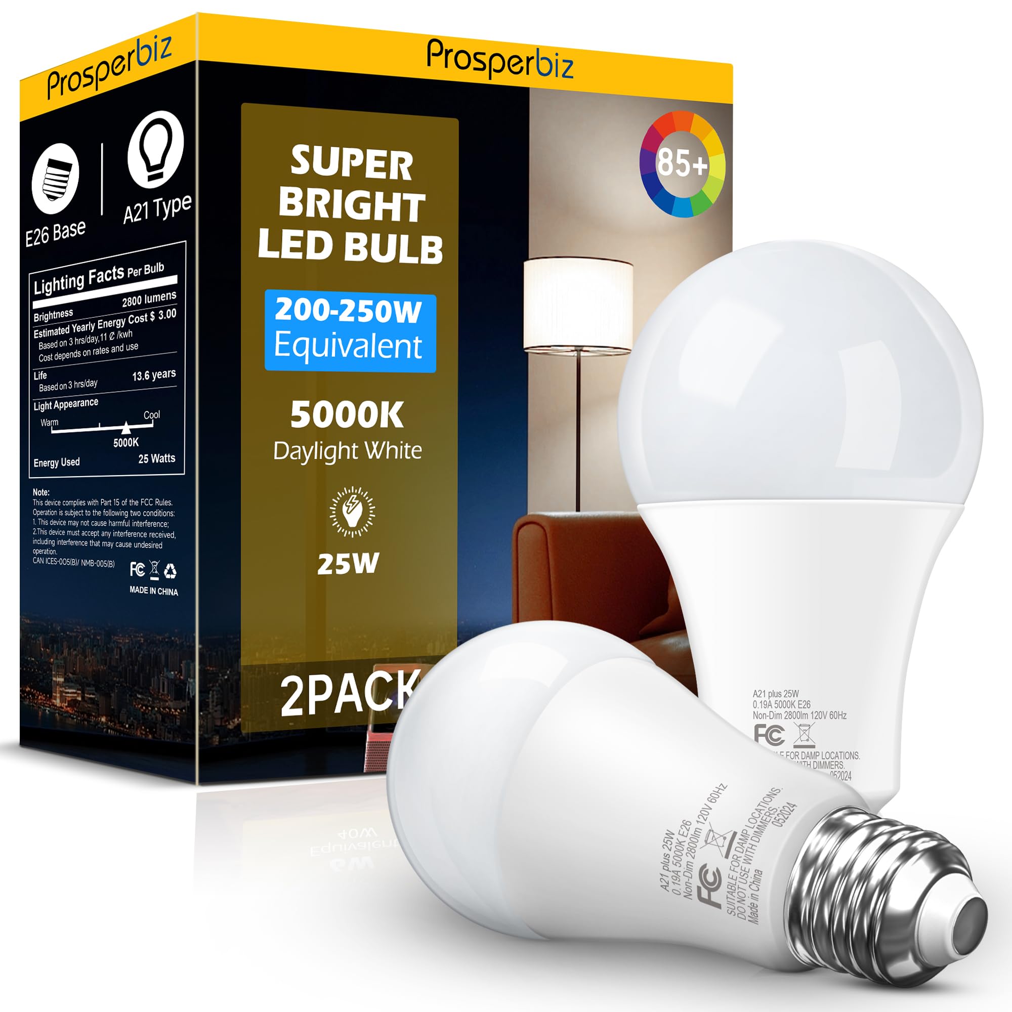 Photo 1 of 200-250 Watt Equivalent LED Light Bulb, A21 Super Bright LED Light Bulbs 25W, High Output 2800 Lumens, E26 Daylight White 5000K for Home, Office, Store, Garage, Warehouse, Garden, 2-Pack