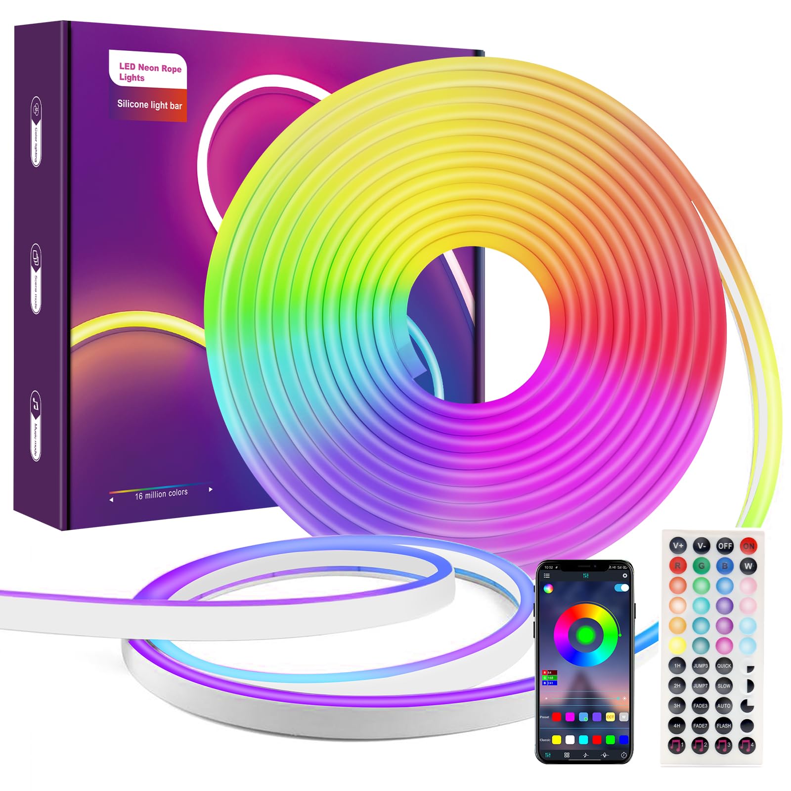 LUXONIC 32.8Ft Led Neon Rope Lights,24V Waterproof Flexible Led Light Strip,Multiple Modes,Outdoor RGB Neon Light,Music Sync Gaming Neon Strip Light Suitable for Indoor Outdoor Decoration