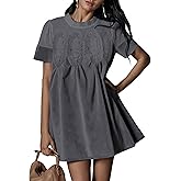 Athlisan Womens Faux Suede Mini Dress Lace Patchwork Short Sleeve Crew Neck A Line Babydoll Dress with Pockets