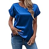 Chigant Women's Short Sleeve Satin Blouses Casual Loose Crewneck Silk Shirts Roll Up Sleeve Tunic Tops S-XXL