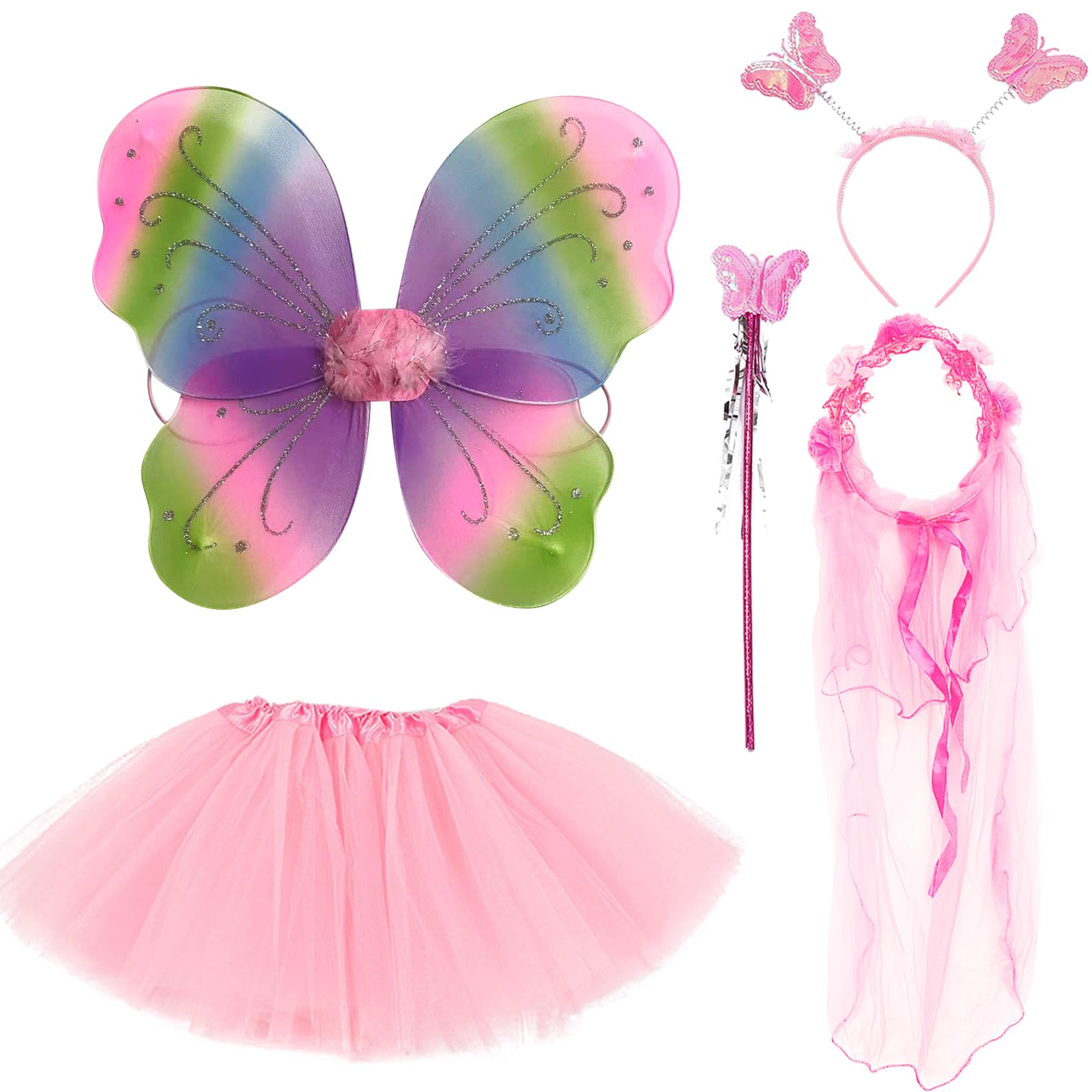 JSTHHTT 5 Pcs Fairy Wings Kids Butterfly Wings, Fairy Dressing Up Costume Set With Tutu, Magic Wand and Headband