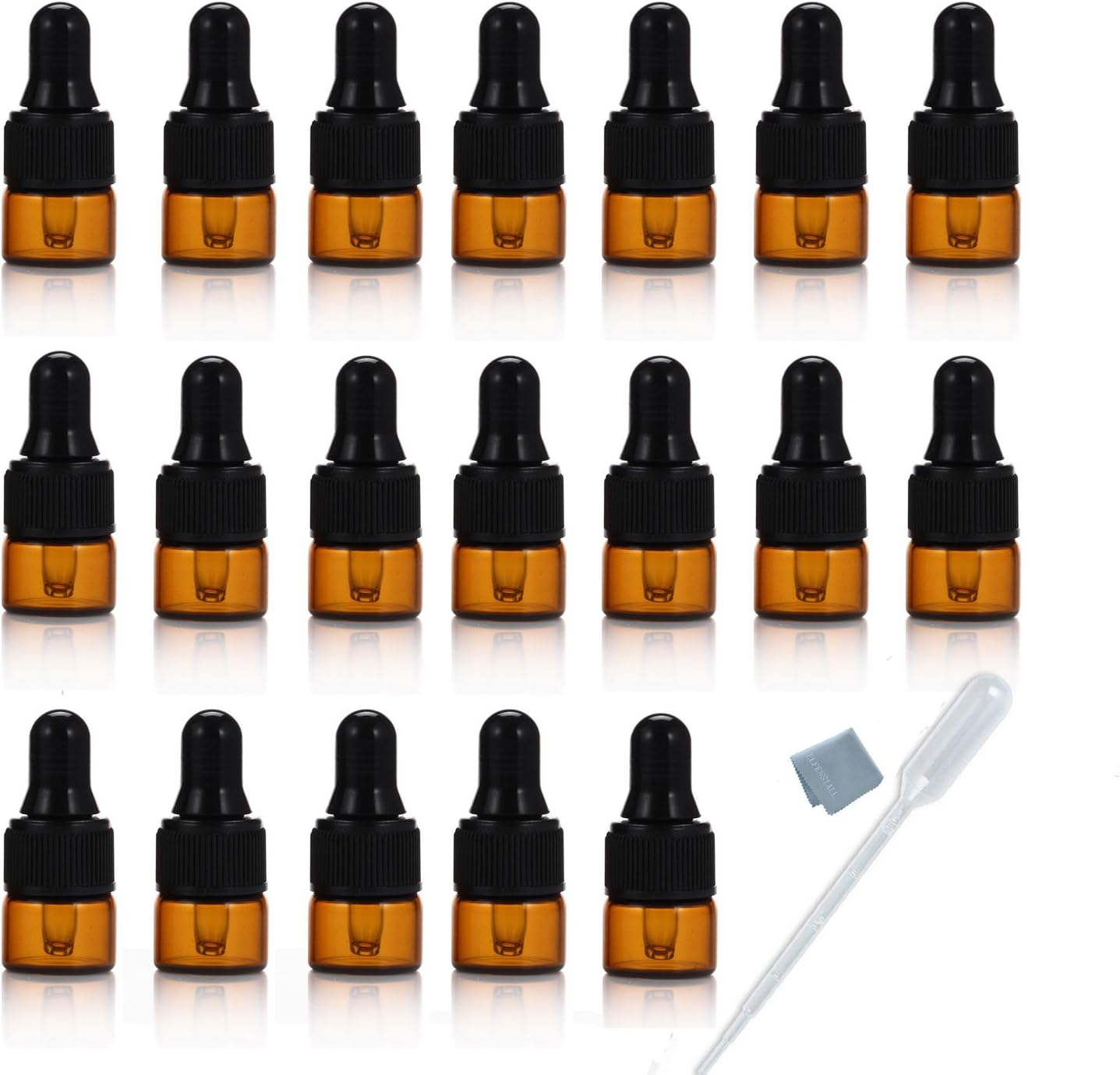 Simple-e 25pcs 1ml (1/4 Dram) Amber Mini Glass Bottle 1cc Amber Sample Vial Small Essential Oil Bottle with Glass Eye Dropper + 1pc Glass Clean Cloth + 1pc 1ml Dropper