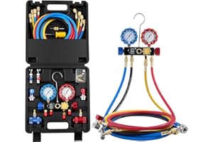 VEVOR AC Manifold Gauge Set for R134a R404A R1234yf R22 Refrigerant, 4 Way AC Gauge with 5 ft Hoses, Adapters, Quick Couplers