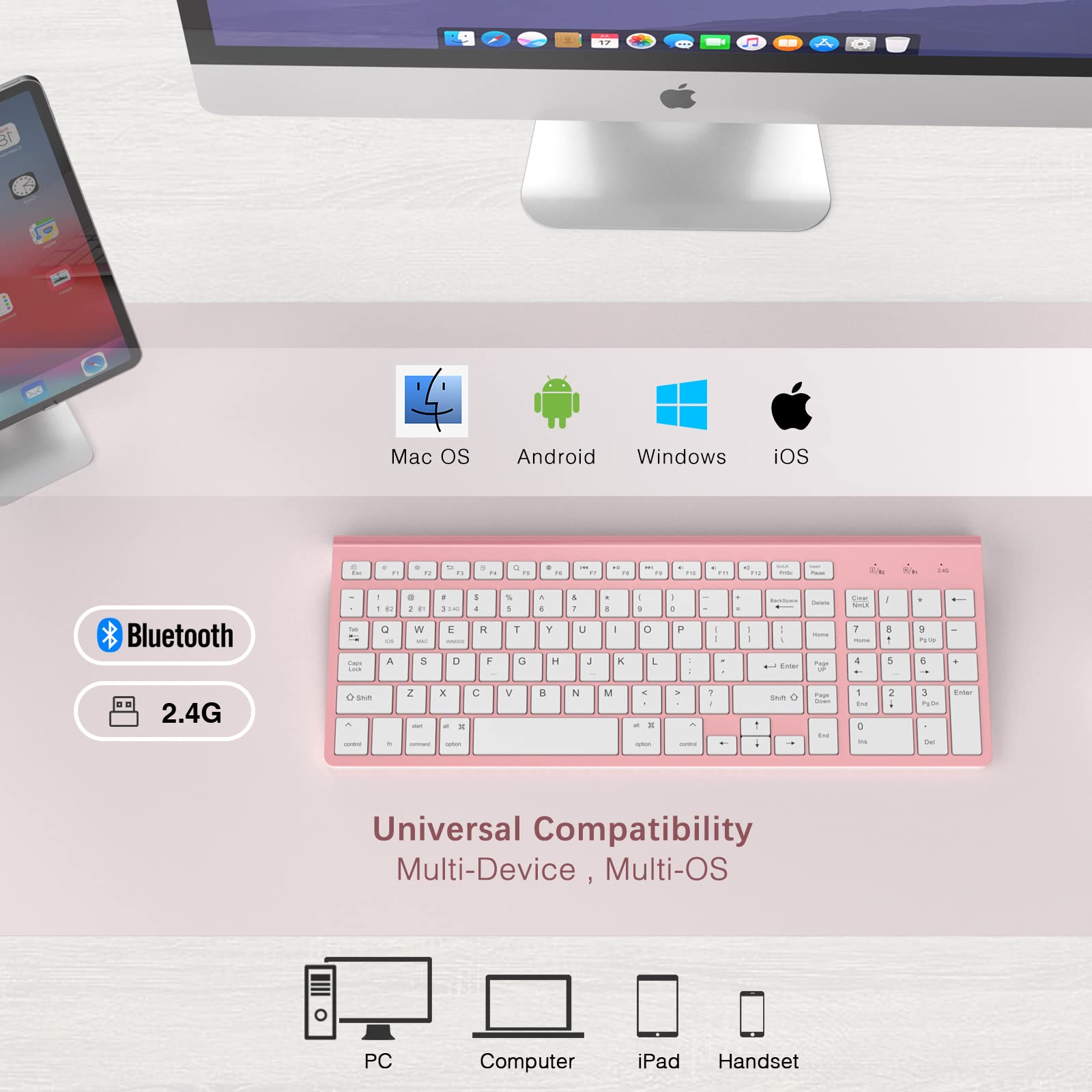 JOYACCESS Bluetooth Wireless Keyboard With Number Pad, Pink, Dual Mode Slim, Connects Up to 3 Devices for iMac/Mac, MacBook, iPad, Laptop, Android, Windows