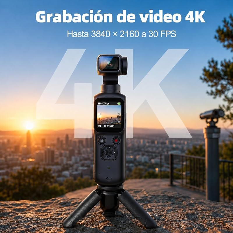 Cámara Vlog 4K, Gimbal CAM con Rastreo Facial, Lente Giratorio de 180°, WiFi cámara vlog para Deportes y Vlogging, Viaje