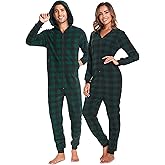 COLORFULLEAF Matching Couple Fleece Onesies with Hood - Plaid Christmas Pajama Set, Warm Zipper Jumpsuit Pjs for Women & Men