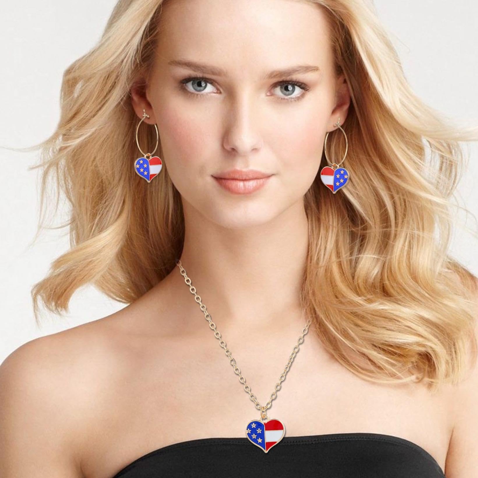 Red White Blue Patriotic Flag Necklace Earrings for Women 4th of July American Flag Pendant Necklace Independence Day Drop Dangle Earring Patriotic Jewelry Set Earrings Set Jewelry Gift