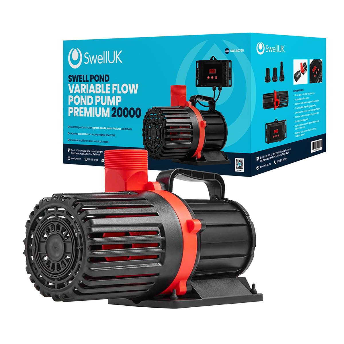 Swell UK Pond Variable Flow Pump 20000 LPH | for Outdoor Garden Pools Fountains or Filters | Submersible or Dry Run with Controllable Flow Rate & 5mm Solids Handling Strainer Case – 3 Year Guarantee