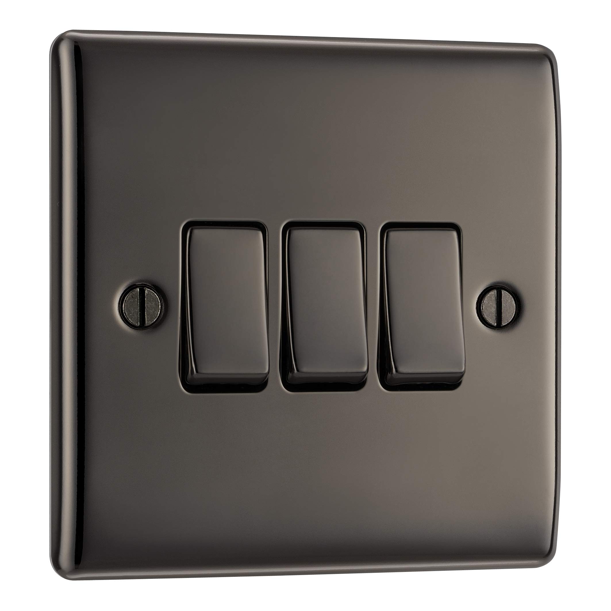 BG Electrical Triple Wall Light Switch, 2 Way, Raised and Slim Profile, Round Edges, Nexus Metal, Black Nickel, 20A, 16AX, NBN43