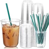 25 Sets of Plastic Cups with Lids and Straws, Disposable Plastic Iced Coffee Cups, PET Material, Crystal-Clear Style, Suitable for Cold Beverages, Juices, Smoothies, Coffee Shops(Clear , 16 oz)