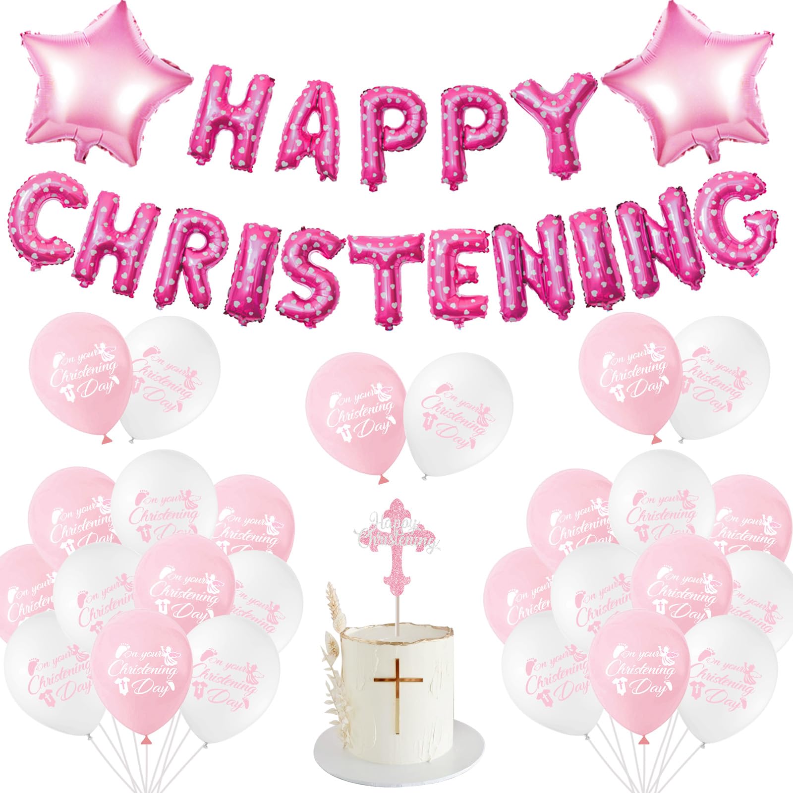 Sursurprise Christening Decorations Pink, Happy Christening Balloons Banner Cake Topper, First Holy Communion Confirmation Decor, On Your Christening Day Baby Shower Baptism Party Supplies