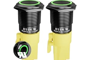 FILN 5 Amp 16mm (5/8'') 2Pcs Latching Push Button Switch 12V DC On Off Black Plated with Green LED with Wire Socket Plug Self-Locking Push Button(Green/Black Plated Latching)