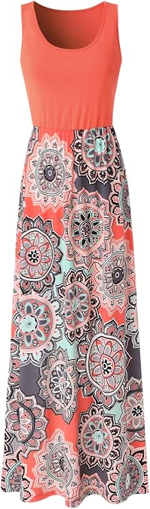 Zattcas Womens Summer Contrast Sleeveless Tank Top Floral Print Maxi Dress Orange Coral Small best women's sundresses
