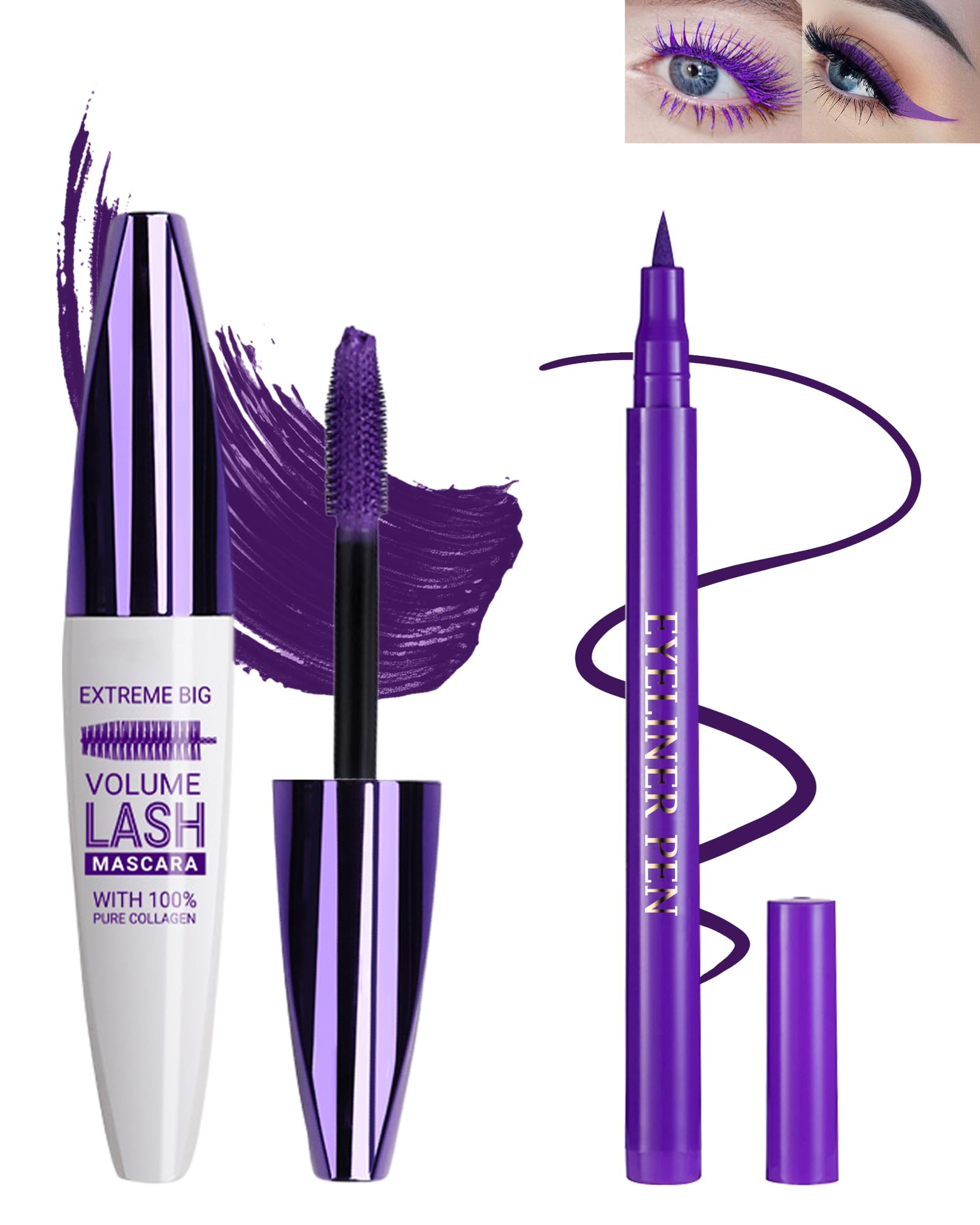 Purple Waterproof Mascara & Eyeliner Set, 5D Silk Fiber Liquid Lash Extensions Colored Tubing Mascara Volume and Length, Long Wear, Smudge-Proof Curling Non-Clumping & Smooth Eyeliner Pen for Women