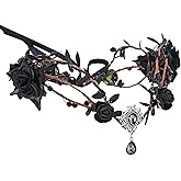 RENEMEGO Renaissance Black Fairy Flower Crown - Handmade Elf Floral Headpiece with Crystal Gothic Elven Headpiece Woodland Tiara for Women Girls Mardi Gras Cosplay Carnival Photoshoot Accessories