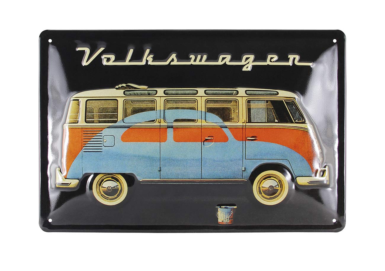 BRISA VW Collection - Volkswagen Retro Tin Sign Vintage Decoration made of Metal in T1 Bus and Beetle Design (Bus & Beetle/Black)