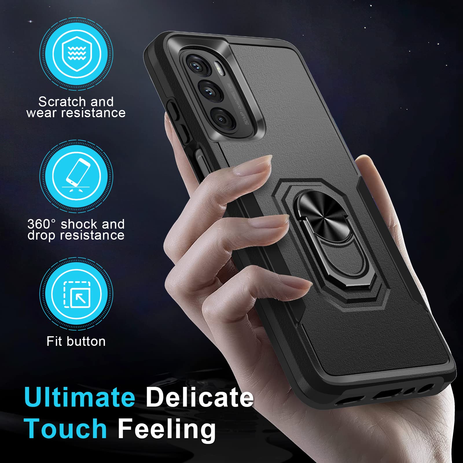 Janmitta Motorola Moto G 5G 2022 Case with Screen Protector[2 Pack], Heavy Duty Shockproof Full Body Protective Phone Cover,Built in Rotatable Magnetic Ring Holder Kickstand,Black Matte