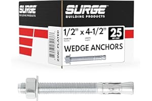 SURGE BUILDING PRODUCTS 1/2" x 4-1/2" Zinc-Plated Concrete Wedge Anchors for Concrete and Cement | Heavy-Duty Expansion Anchor (Box of 25)