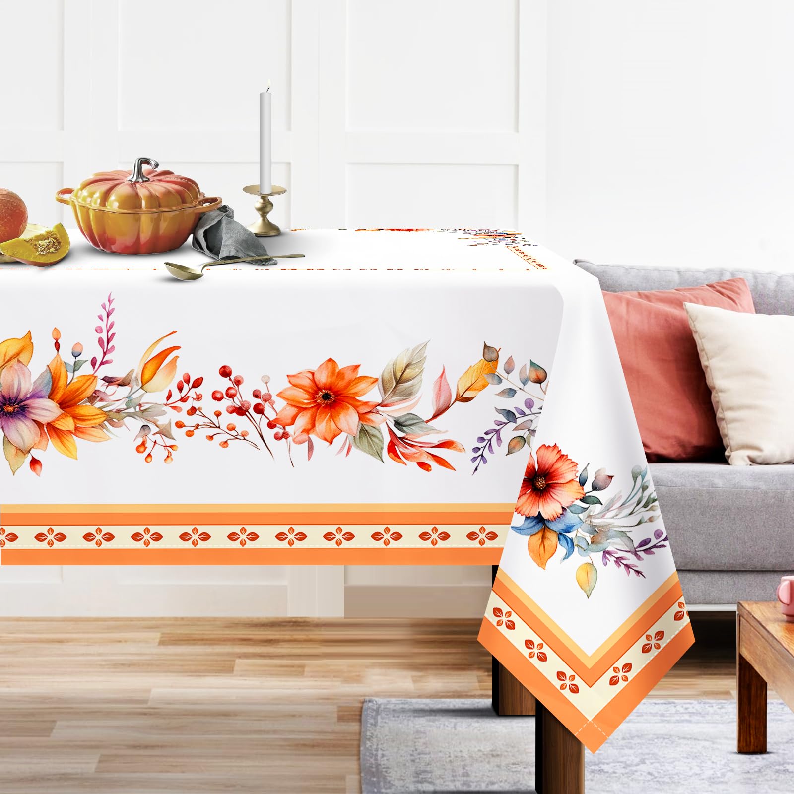 Arquiel Floral Printed Tablecloth, Rectangle Orange Flower Table Cloth Waterproof, Wrinkle Resistant Decorative Table Cover for Kitchen Dining Parties Picnic, 152x213cm — image 1