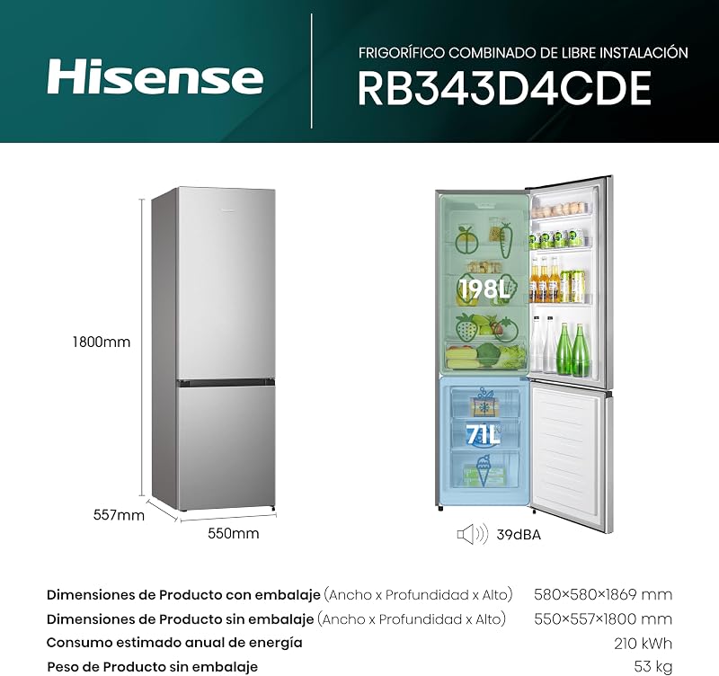 Hisense rb343d4cde - geladeira cíclica combi, 269l, classe e, largura 55cm x altura 180cm, porta reversível, abertura de porta 90º, iluminação led, gaveta para frutas e legumes, grande capacidade, aço inox