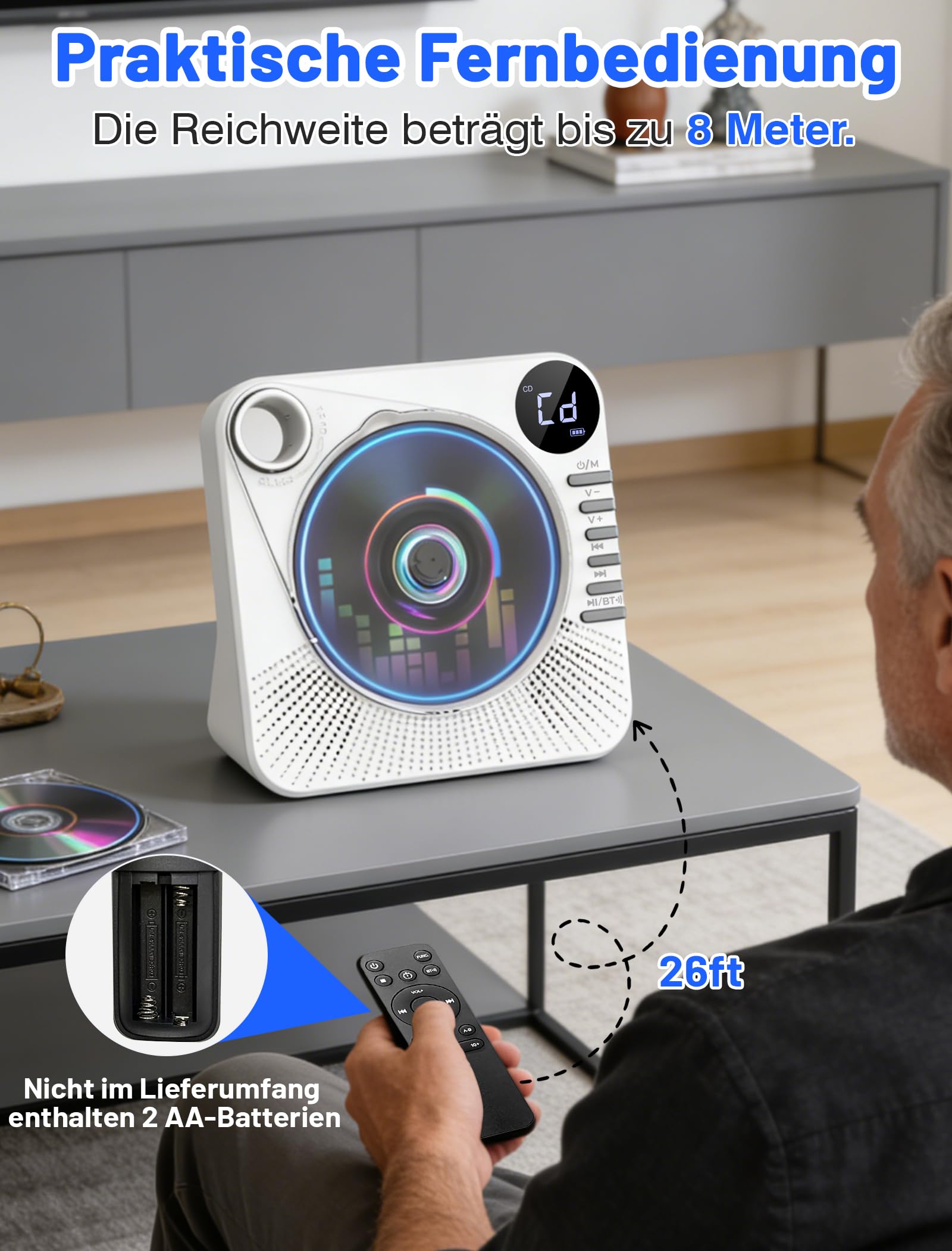 Tragbarer CD-Player 4000mAh Wiederaufladbar, Bluetooth 5.1 mit Stereo-Lautsprechern, Fernbedienung, Staubschutz-Schiebedeckel, Anti-Skip, AUX/USB, CD Spieler für Zuhause & Unterwegs - Weiß 7