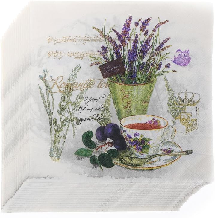 SUSHAFEN 20Pcs/Pack Lavender Flower Napkins Disposable Party Paper Napkins for Restaurant Coffee Shop Tableware Tissue Decoupage Decoration Kids Birthday Wedding Party Table Decor