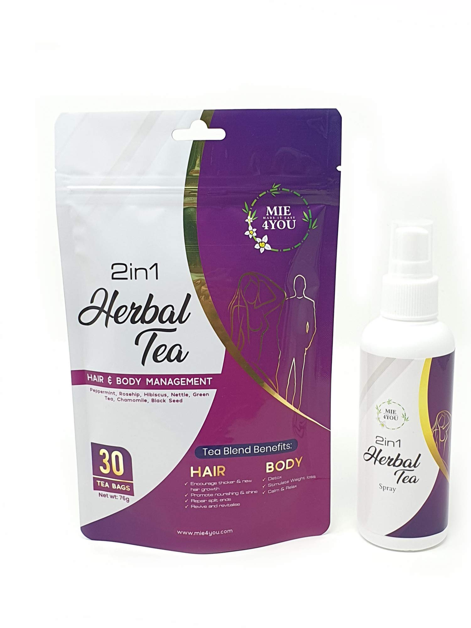 Mie4you 2in1 Herbal Tea Hair & Body Management | Detox & Relax | Vegan 100% Natural Flavour Tea | Revive & Revitalise Hair Rinse Tea | Unisex | + Bottle | Made in UK