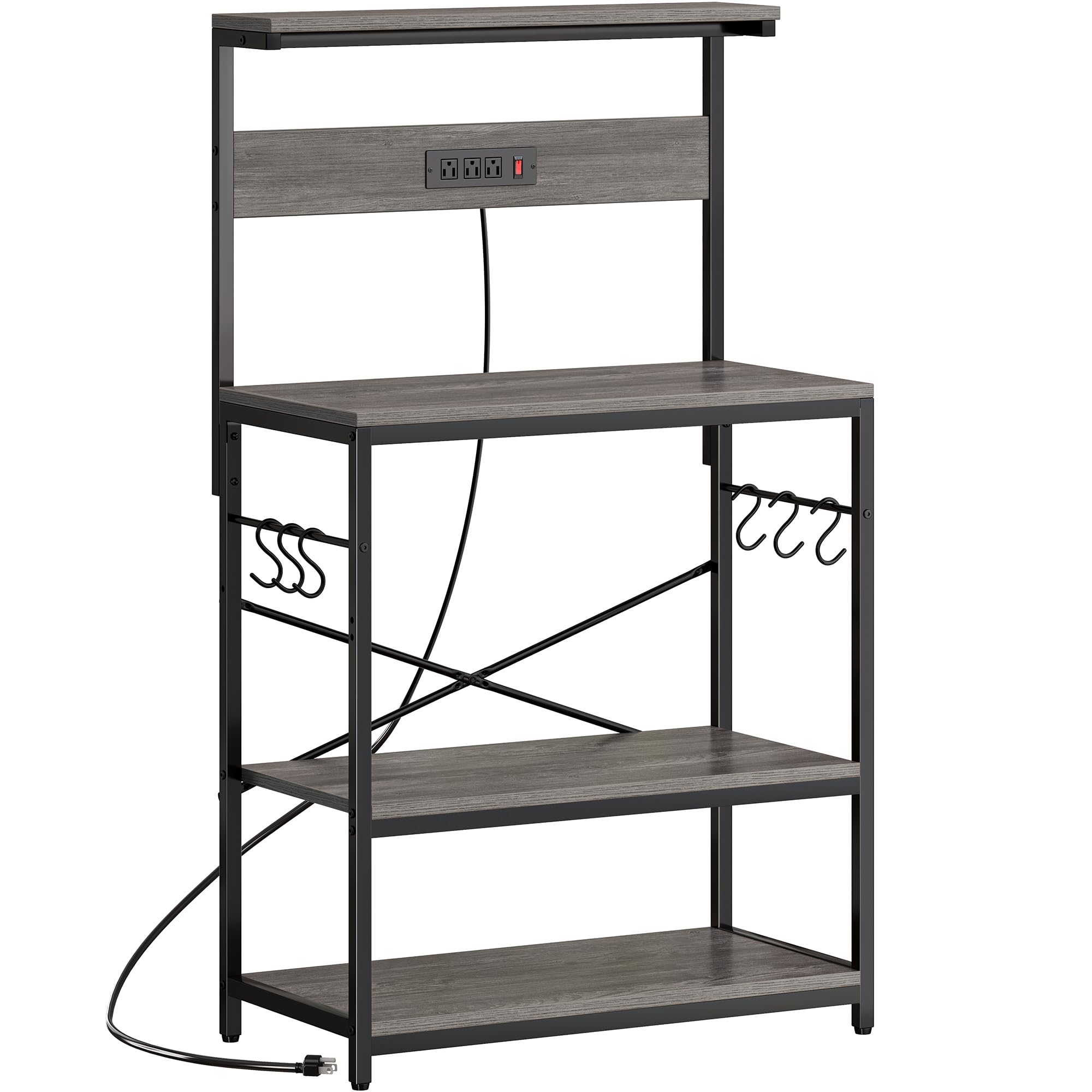 SUPERJARE Bakers Rack with Power Outlets, Microwave Stand, 31.5 X 16.5 Inch Larger Desktop, Kitchen Storage Rack with Adjustable Middle Shelf, 6 S-Shaped Hooks, Coffee Bar Stand, Grey