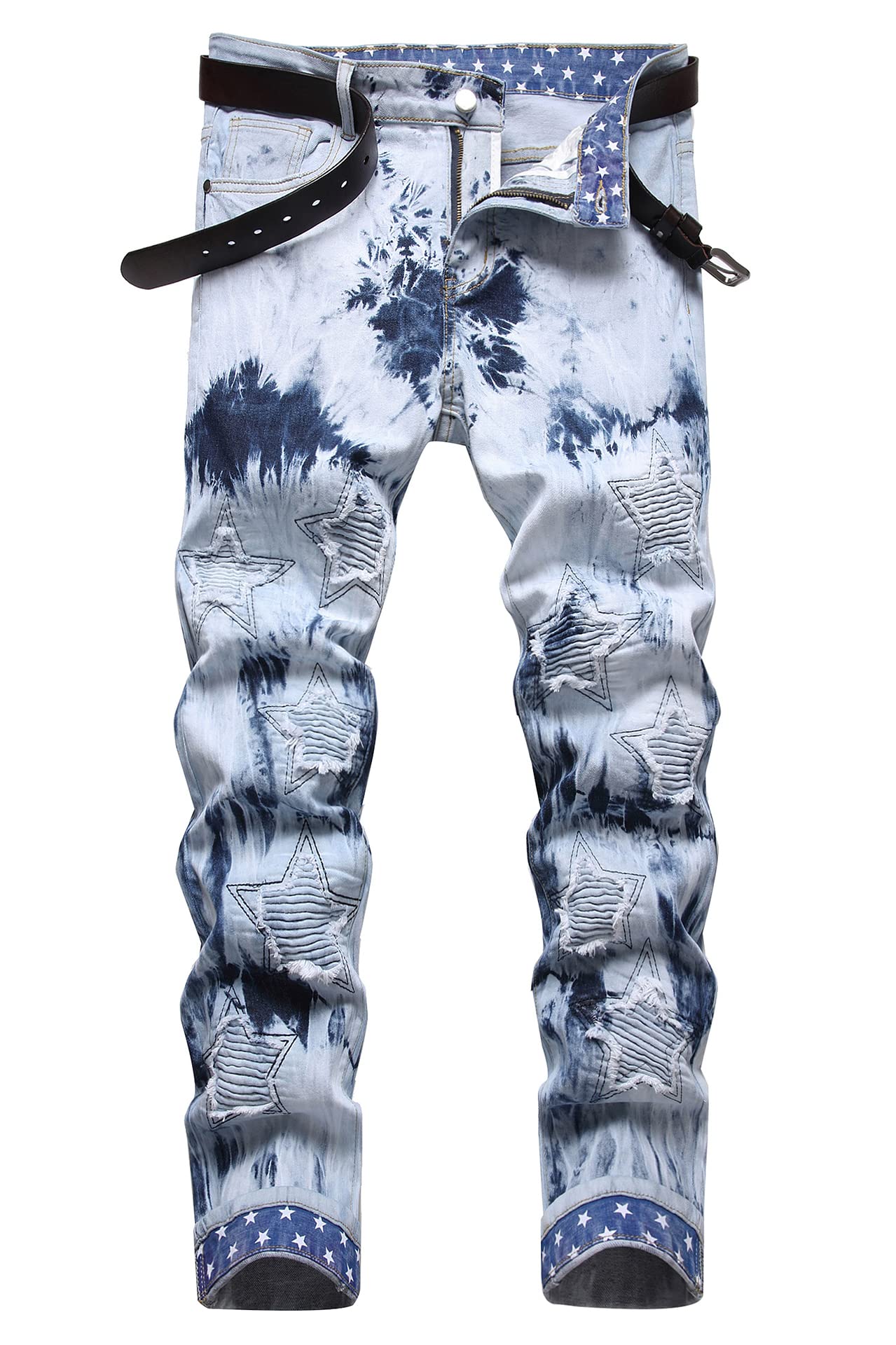 Photo 1 of Baylvn Men's Skinny Biker Designer Ripped Five-Pointed Star Patched Patchwork Jeans,849 Light Blue,Size 36