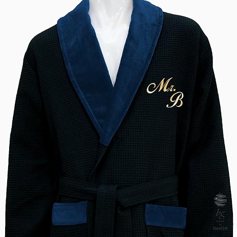 personalisiertem Namen (vorne) blau Waffel Schalkragen Bademantel – 100% Baumwolle, 100 % Baumwolle, blau, xxl