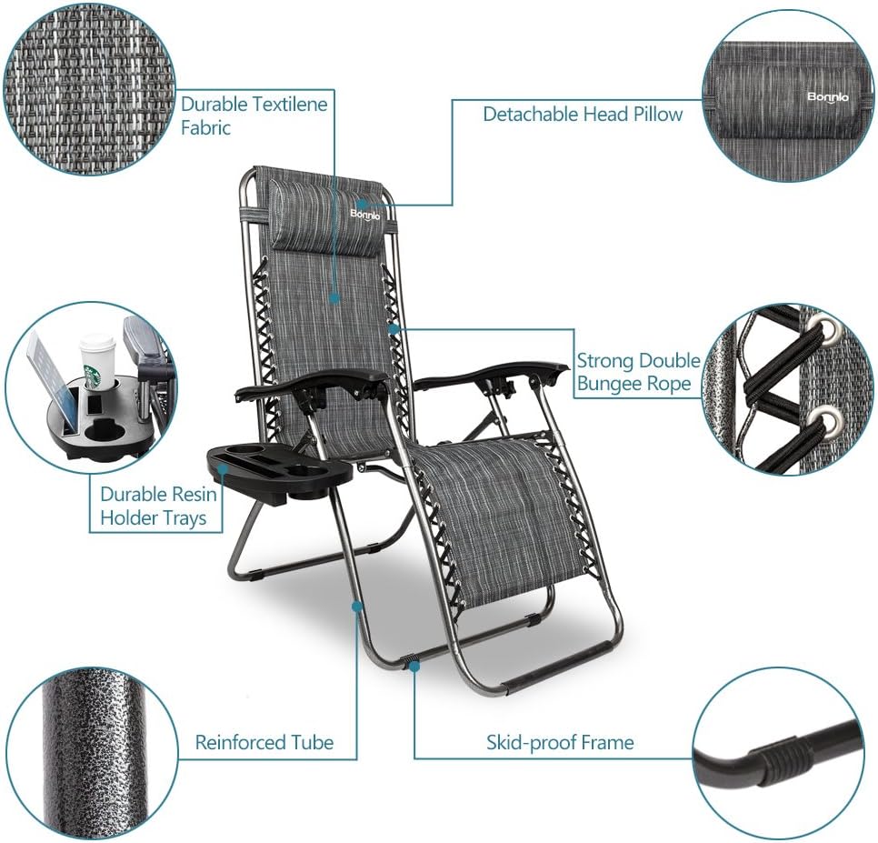 Bonnlo Infinity Zero Gravity Chair, Outdoor Lounge Patio Chairs with Pillow and Utility Tray Adjustable Folding Recliner for Deck, Patio, Beach, Yard Pack 2 : Garden & Outdoor