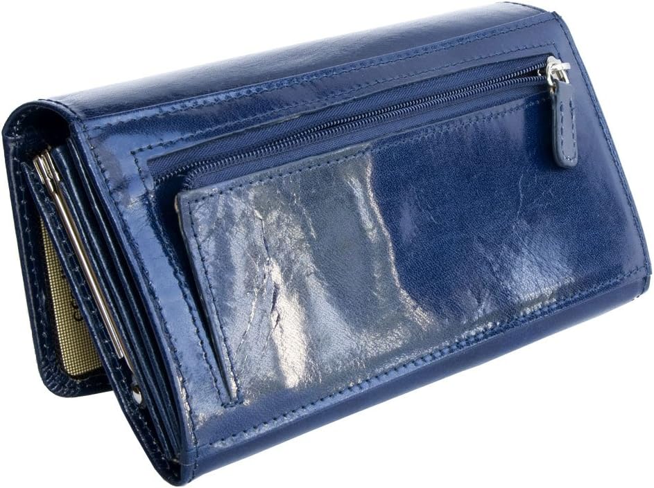 Women's Dark Blue Glossy Coated Genuine Leather Wallet - Image 5