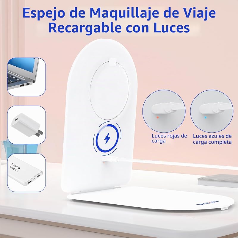 Espejo Maquillaje con Luz 1X/10X, Espejo Aumento con 3 Luces de Color, Control Táctil, Recargable Portátil Espejo para Dormitorio y Baño