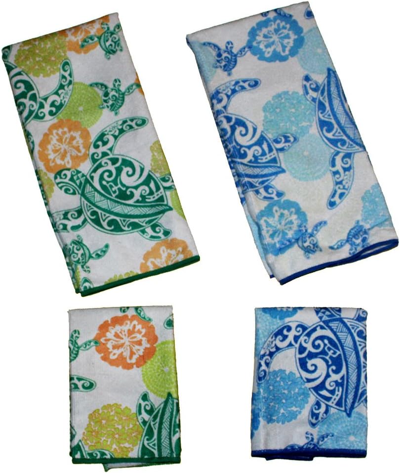 Sea Turtle 4 Piece Set Microfiber Kitchen Towels and Dish Cloths