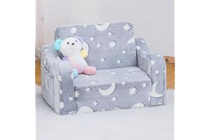 SUFUS Baby Toddler Sofa Couch for Kids Foldable 2-in-1 Toddler Fold Out Couch Bed for Playroom Pull Out Children Convertible Sofa to Lounger Sleeper Chair for Boys & Girls with Side Pockets, Grey Moon