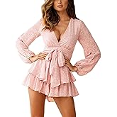 Bonkwa Women's Summer Deep V-Neck Floral Print Romper Long Baggy Sleeves Double Layer Ruffle Hem Short Jumpsuits with Belt…